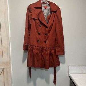 Elle Women’s Trench Coat Small Orange Double Breasted Tie Peplum Festival Rust